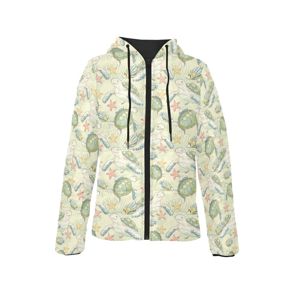 Hand drawn sea turtle fish pattern Women's Padded Hooded Jacket