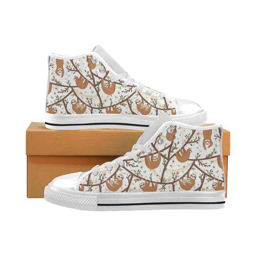Sloths hanging on the tree pattern Men's High Top Canvas Shoes White