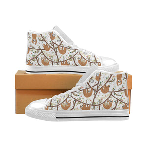 Sloths hanging on the tree pattern Men's High Top Canvas Shoes White