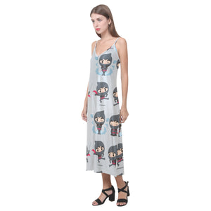 Cute ninja pattern V-Neck Open Fork Long Dress