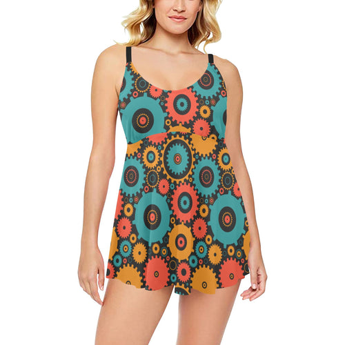 Gear Pattern Print Design 01 Chest Sexy Pleated Two Piece Swim Dress