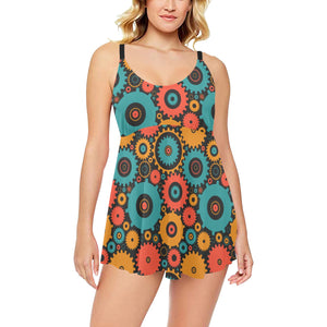 Gear Pattern Print Design 01 Chest Sexy Pleated Two Piece Swim Dress