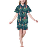 heliconia flowers, palm and monstera leaves on bla Kids' Boys' Girls' V-Neck Short Pajama Set