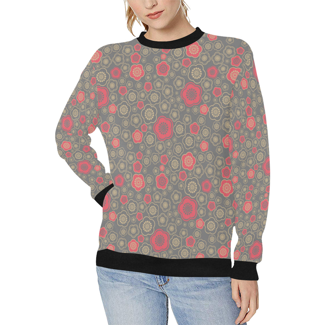 Red gold Sakura cherry blossom gray background Women's Crew Neck Sweatshirt