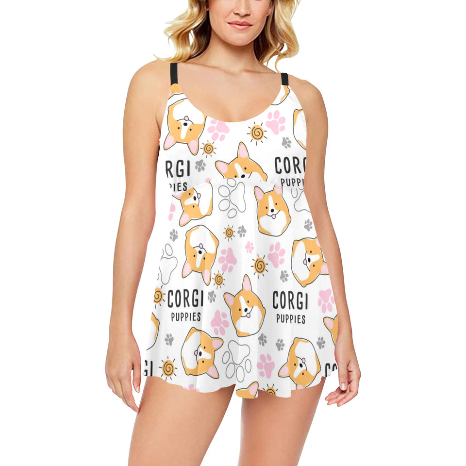 Corgi Dog Pattern Chest Sexy Pleated Two Piece Swim Dress