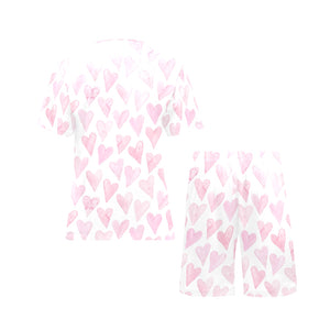 Watercolor pink heart pattern Men's V-Neck Short Pajama Set