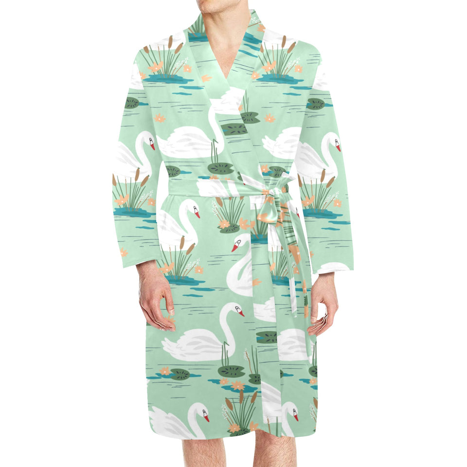 White swan lake pattern Men's Long Sleeve Belted Night Robe