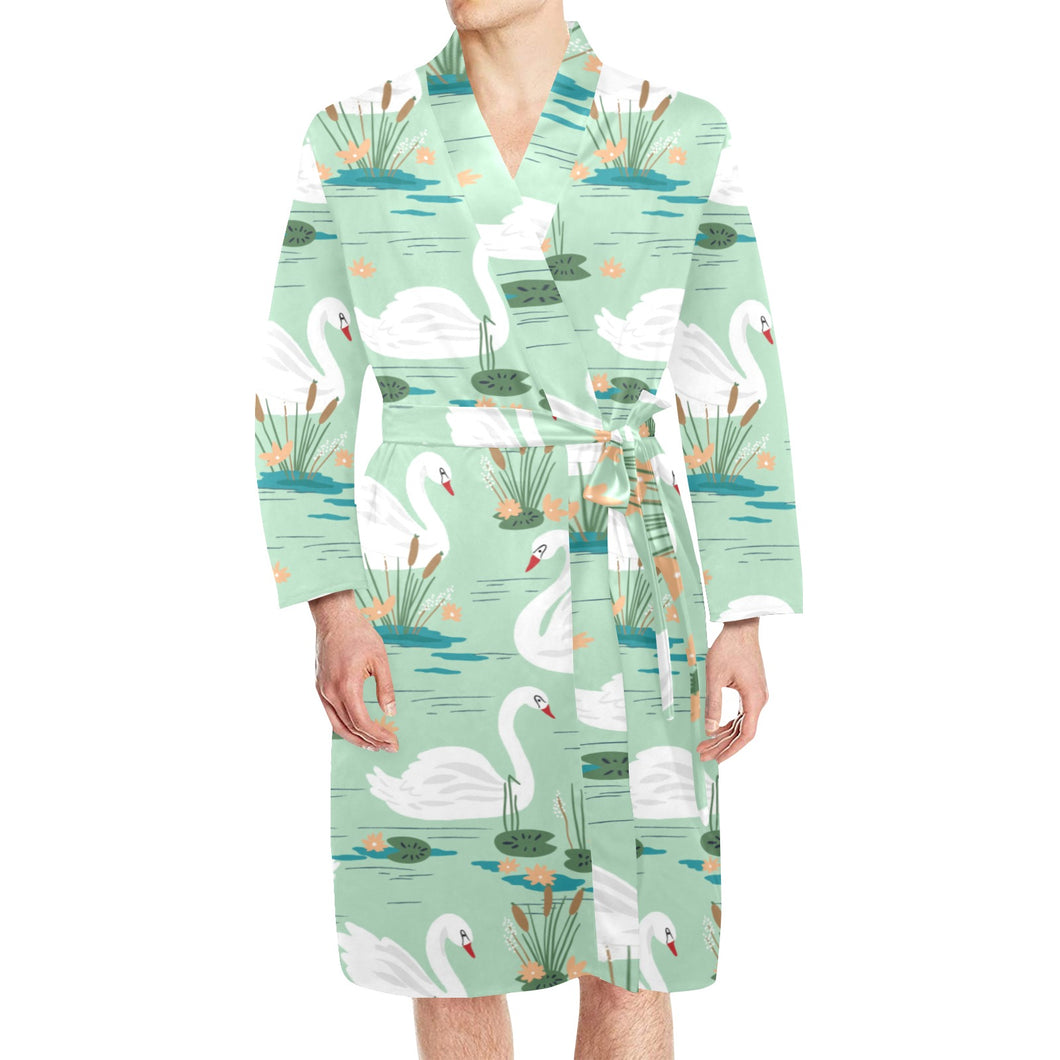White swan lake pattern Men's Long Sleeve Belted Night Robe