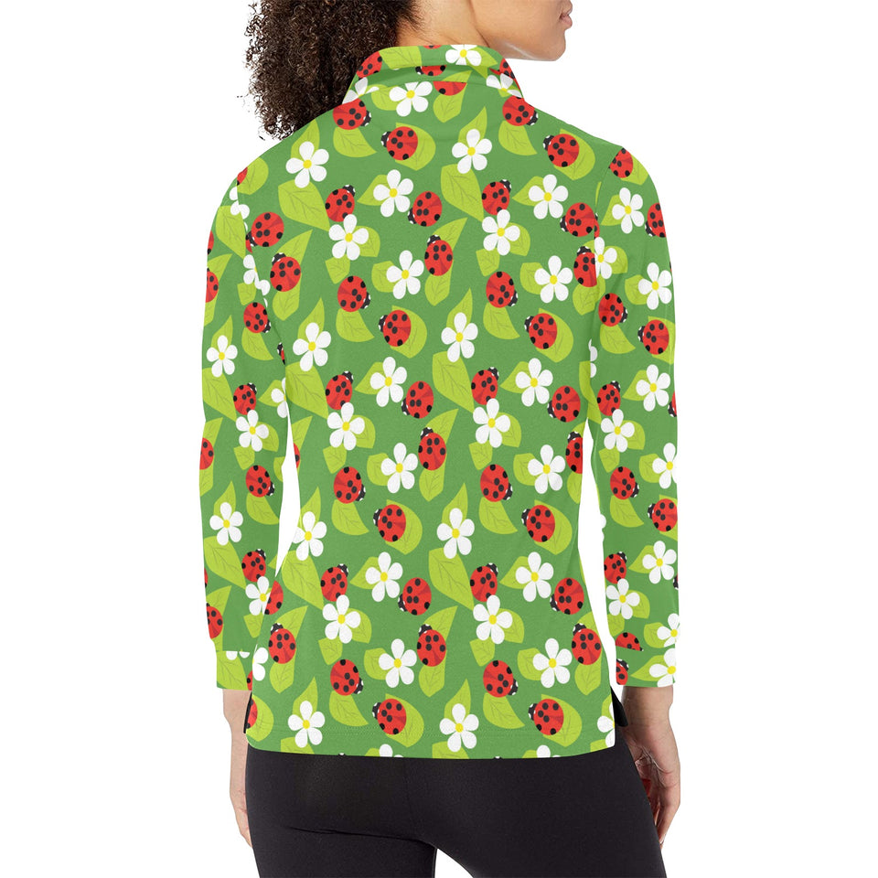 Ladybug Pattern Print Design 01 Women's Long Sleeve Polo Shirt