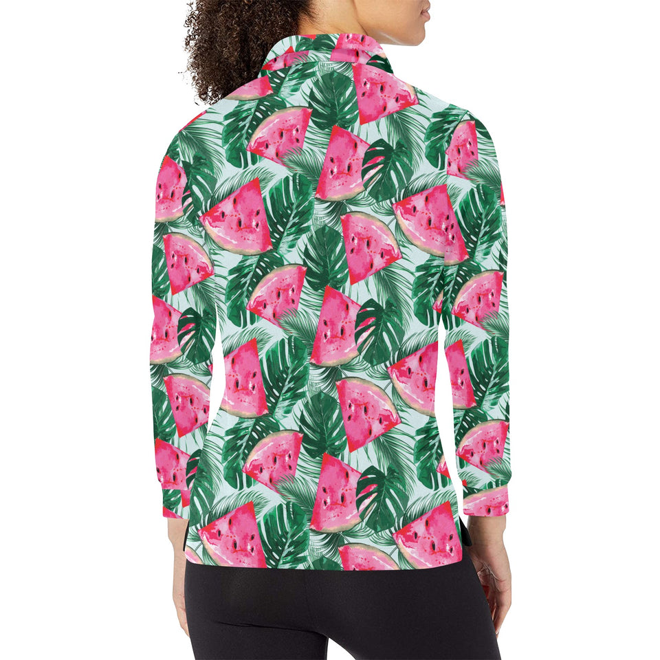 Watermelons tropical palm leaves pattern Women's Long Sleeve Polo Shirt