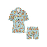 Hand drawn pizza blue background Women's V-Neck Short Pajama Set