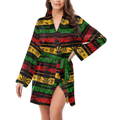 Canabis Marijuana Weed Pattern Print Design 04 Women's Long Sleeve Belted Night Robe