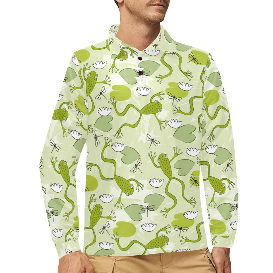Cute frog dragonfly pattern Men's Long Sleeve Polo Shirt