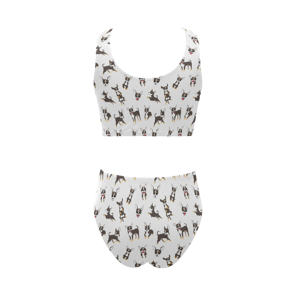 Chihuahua dog pattern Chest Bowknot High Waisted Bikini Swimsuit