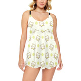 Cute cartoon frog baby pattern Chest Sexy Pleated Two Piece Swim Dress