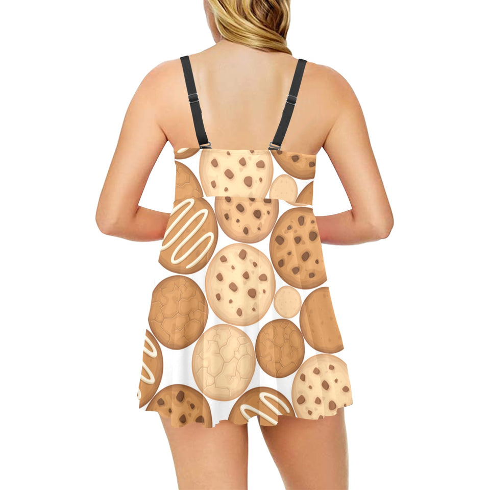 Various cookie pattern Chest Sexy Pleated Two Piece Swim Dress