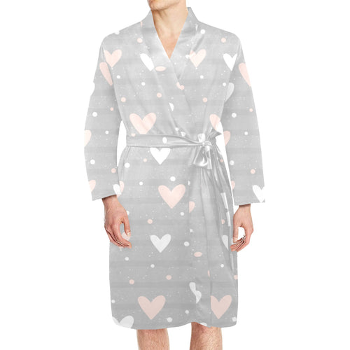 Heart pattern gray background Men's Long Sleeve Belted Night Robe