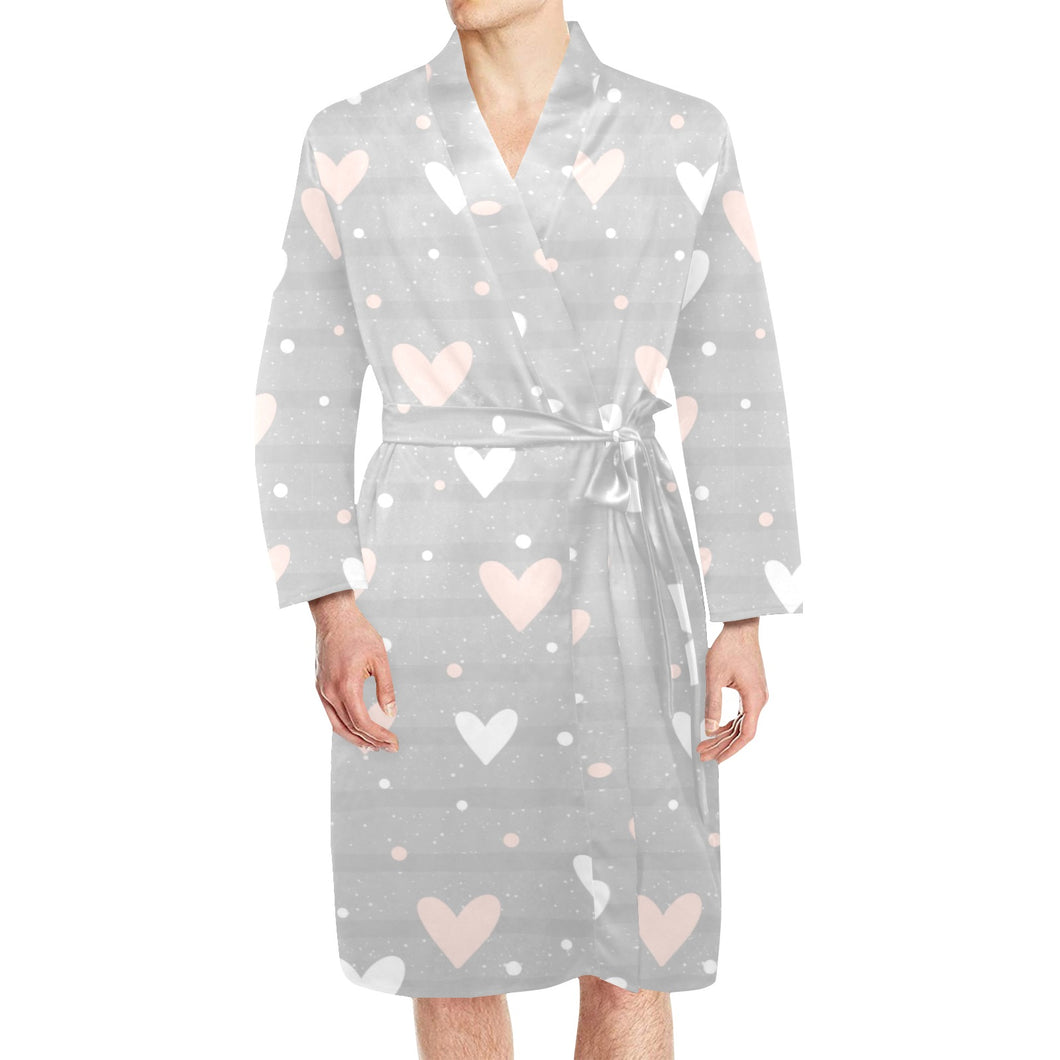 Heart pattern gray background Men's Long Sleeve Belted Night Robe