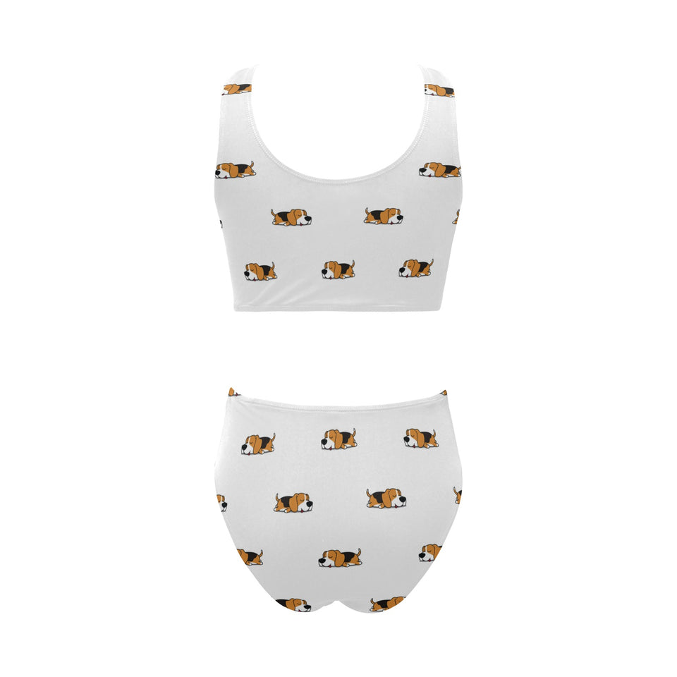 Cute beagle dog sleeping pattern Chest Bowknot High Waisted Bikini Swimsuit