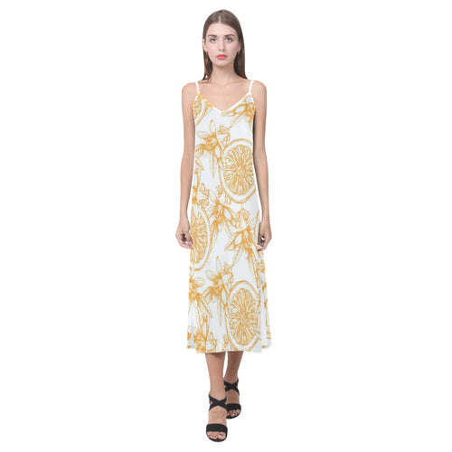 hand drawn orange fruit pattern V-Neck Open Fork Long Dress