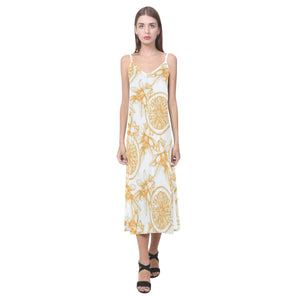 hand drawn orange fruit pattern V-Neck Open Fork Long Dress