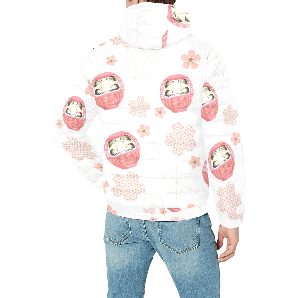 Daruma japanese wooden doll cherry blossom flower Men's Padded Hooded Jacket