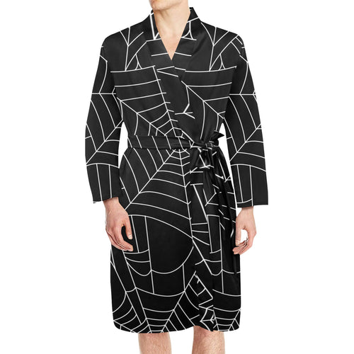 Spider web pattern Black background white cobweb Men's Long Sleeve Belted Night Robe