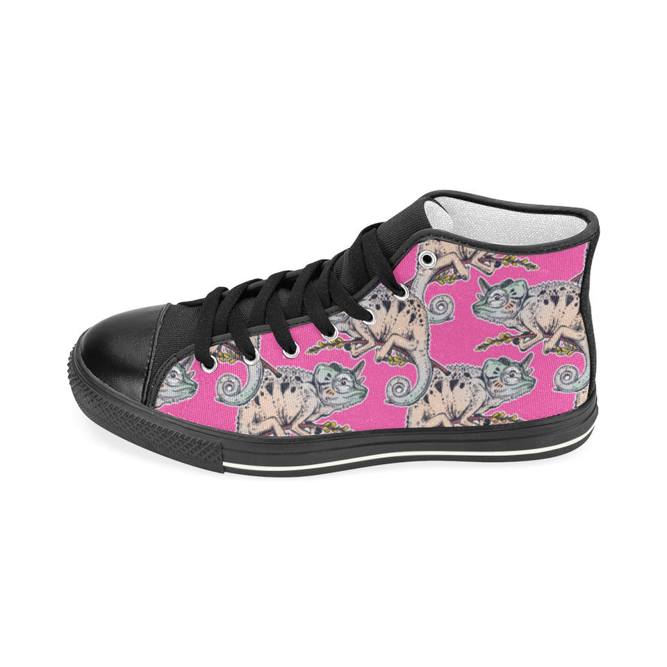 Chameleon lizard pattern pink background Women's High Top Canvas Shoes Black