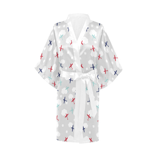 Airplane cloud grey background Women's Short Kimono Robe