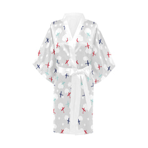 Airplane cloud grey background Women's Short Kimono Robe