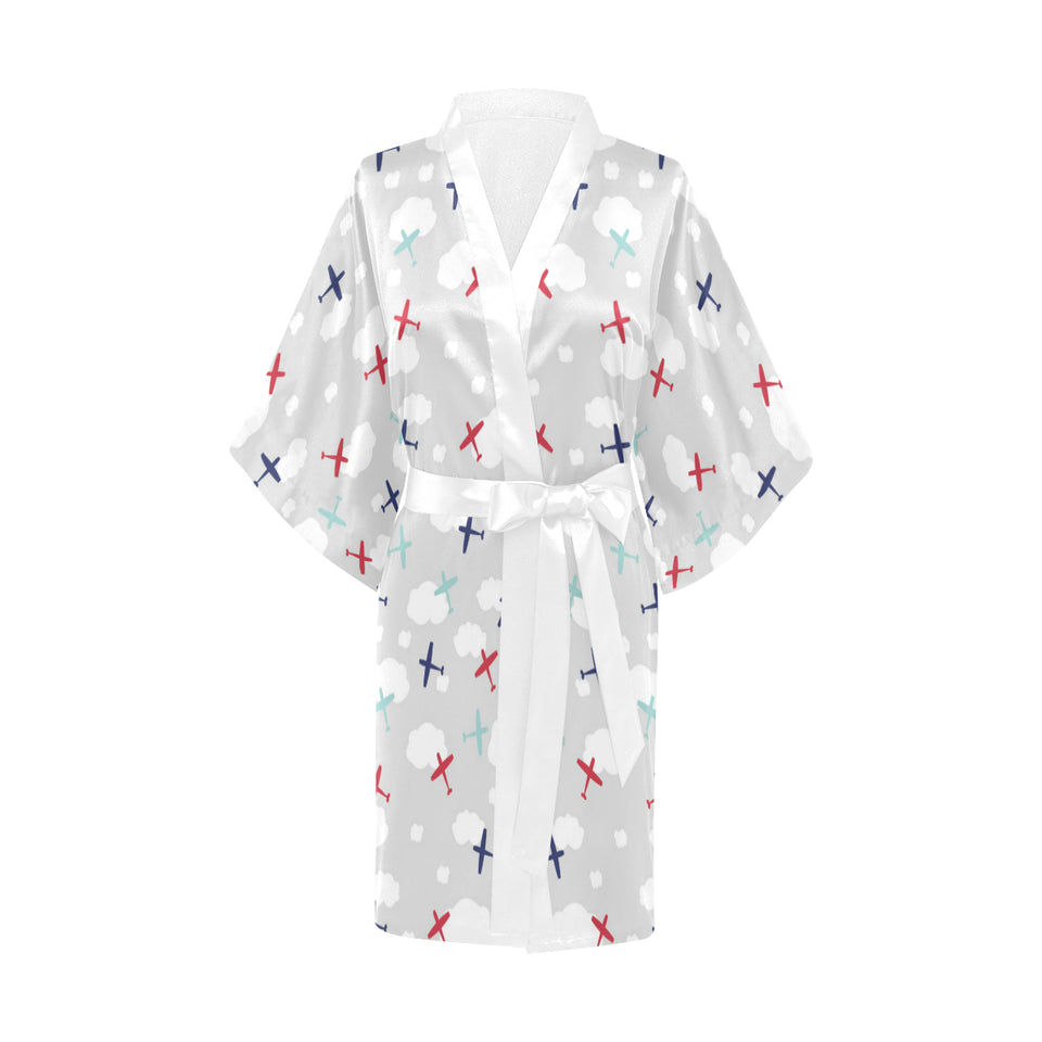 Airplane cloud grey background Women's Short Kimono Robe