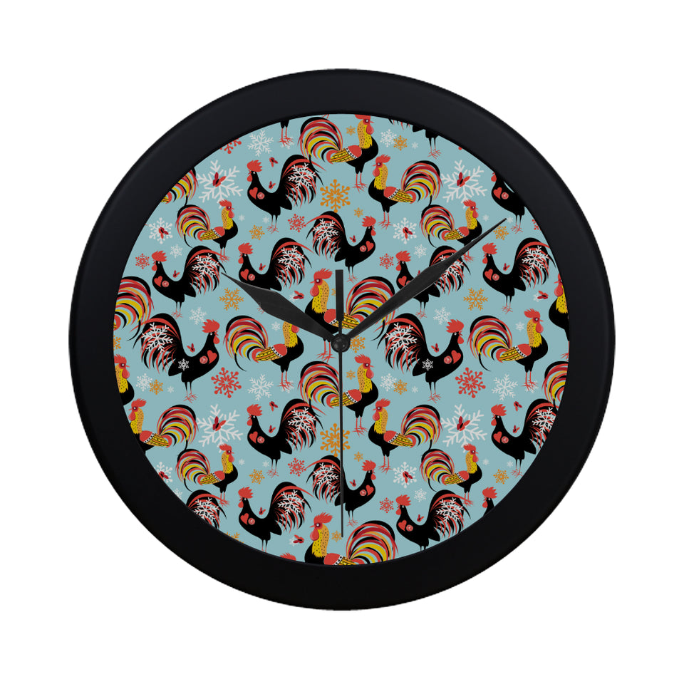 Rooster chicken cock snowfalke Elegant Black Wall Clock