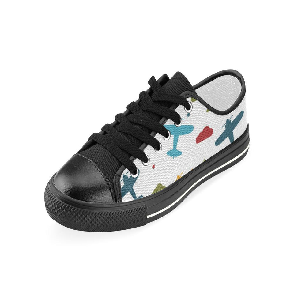 Airplane star cloud colorful Kids' Boys' Girls' Low Top Canvas Shoes Black