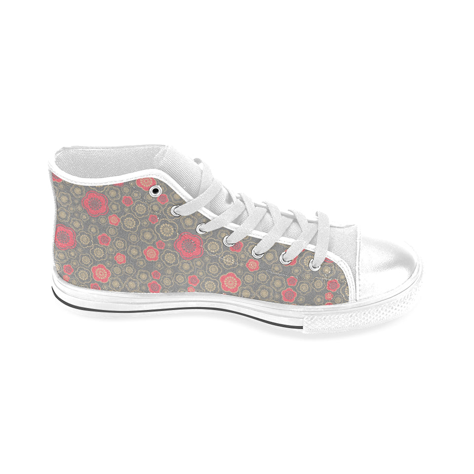 Red gold Sakura cherry blossom gray background Men's High Top Canvas Shoes White