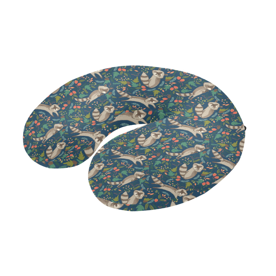 Raccoon tropical leaves pattern U-Shaped Travel Neck Pillow