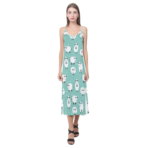 Cute sheep green background V-Neck Open Fork Long Dress