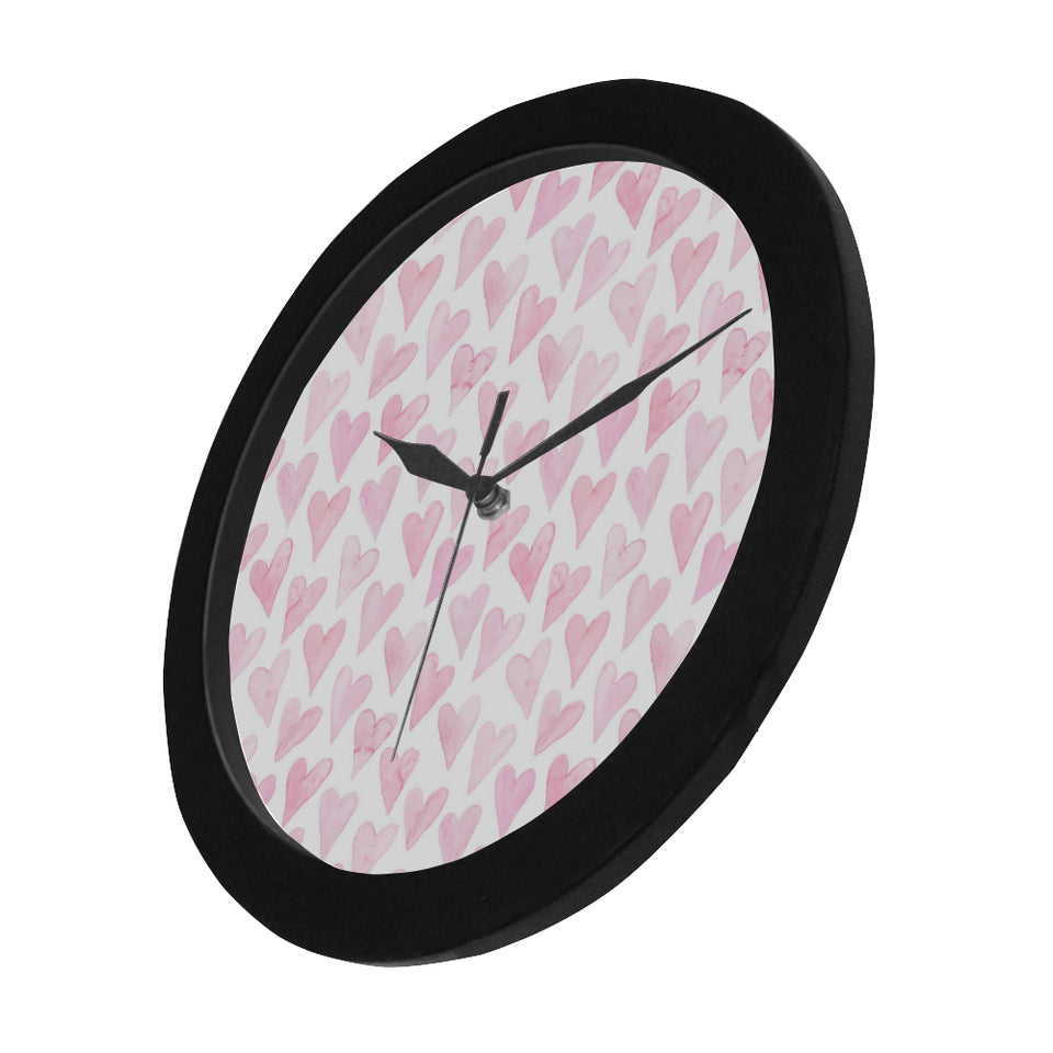Watercolor pink heart pattern Elegant Black Wall Clock