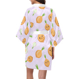 cute onions smiling faces purple background Women's Short Kimono Robe