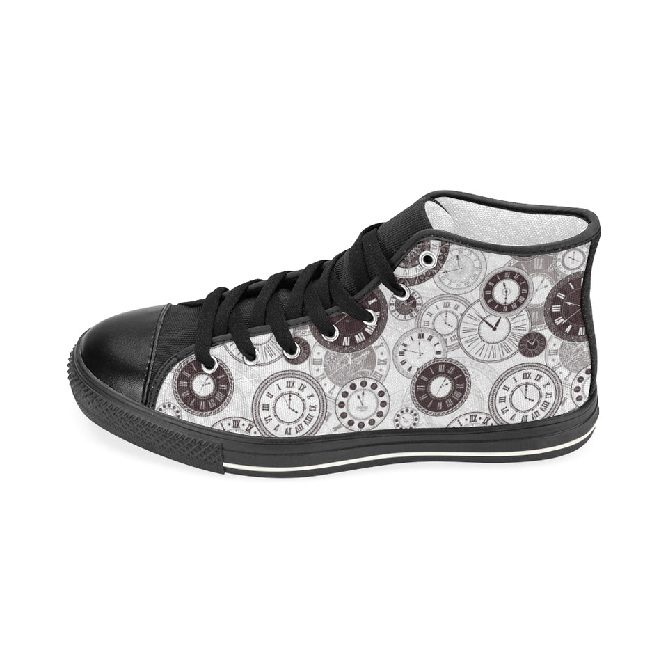 Classic vintage clock pattern Women's High Top Canvas Shoes Black