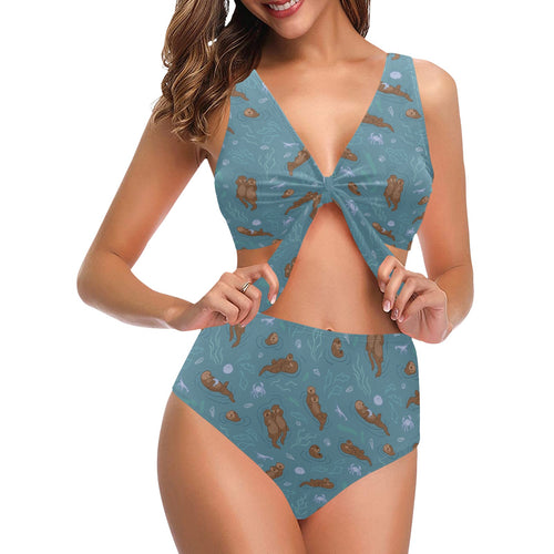 Sea otters pattern Chest Bowknot High Waisted Bikini Swimsuit