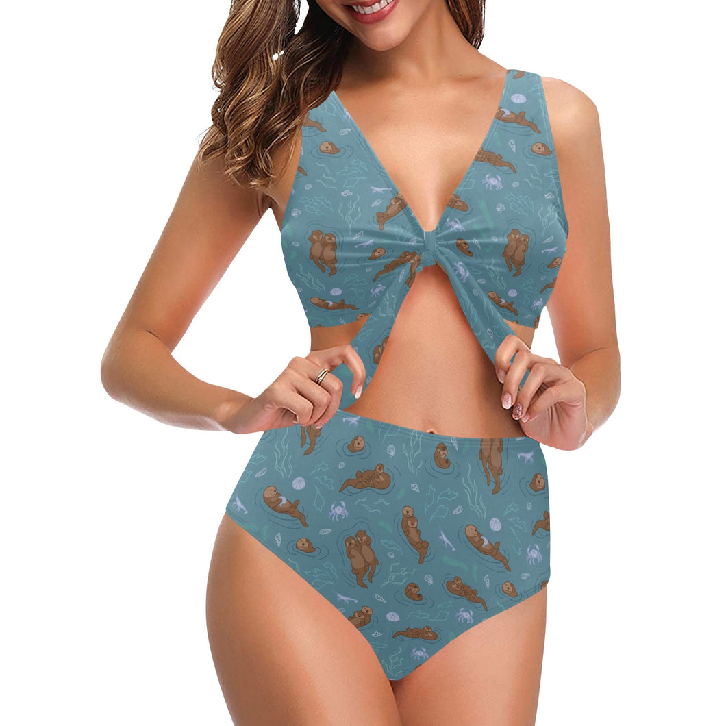 Sea otters pattern Chest Bowknot High Waisted Bikini Swimsuit
