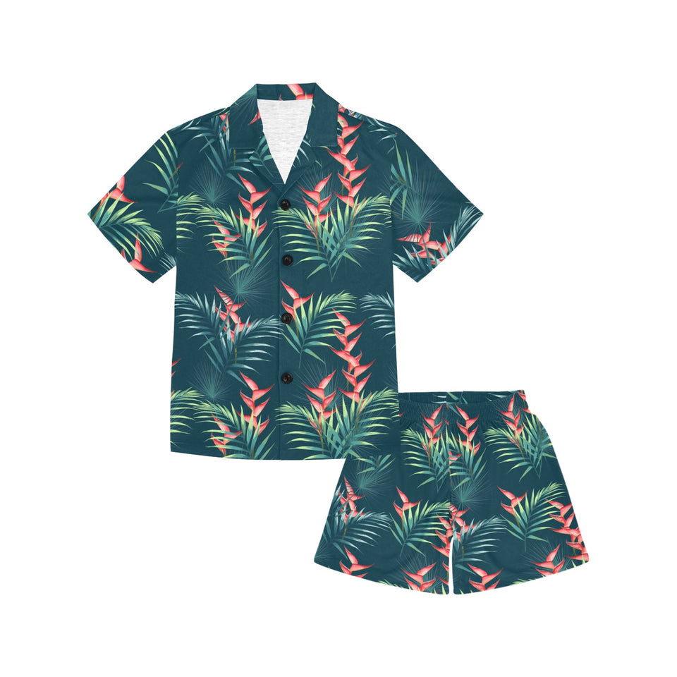 heliconia flowers, palm and monstera leaves on bla Kids' Boys' Girls' V-Neck Short Pajama Set