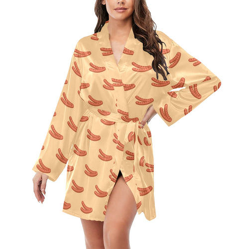 Sausage Pattern Print Design 03 Women's Long Sleeve Belted Night Robe