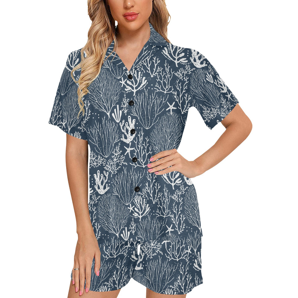 Coral Reef Pattern Print Design 05 Women's V-Neck Short Pajama Set
