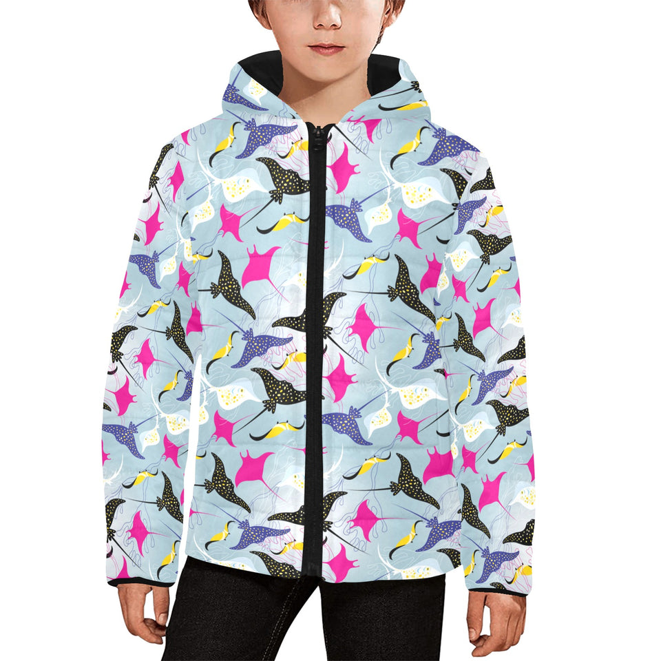 Stingray Pattern Print Design 01 Kids' Boys' Girls' Padded Hooded Jacket