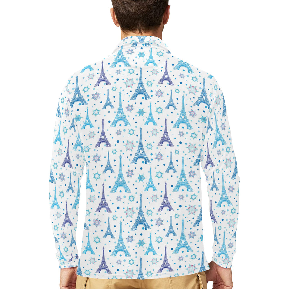 Blue Eiffel Tower Theme Pattern Print Design 01 Men's Long Sleeve Polo Shirt