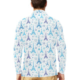 Blue Eiffel Tower Theme Pattern Print Design 01 Men's Long Sleeve Polo Shirt