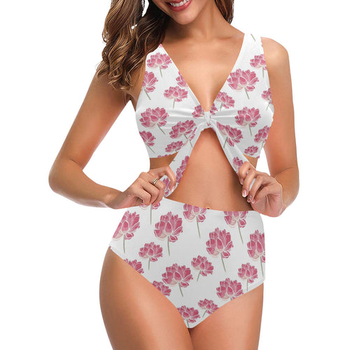 Pink lotus waterlily pattern Chest Bowknot High Waisted Bikini Swimsuit