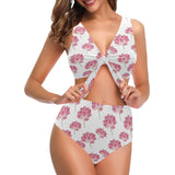 Pink lotus waterlily pattern Chest Bowknot High Waisted Bikini Swimsuit