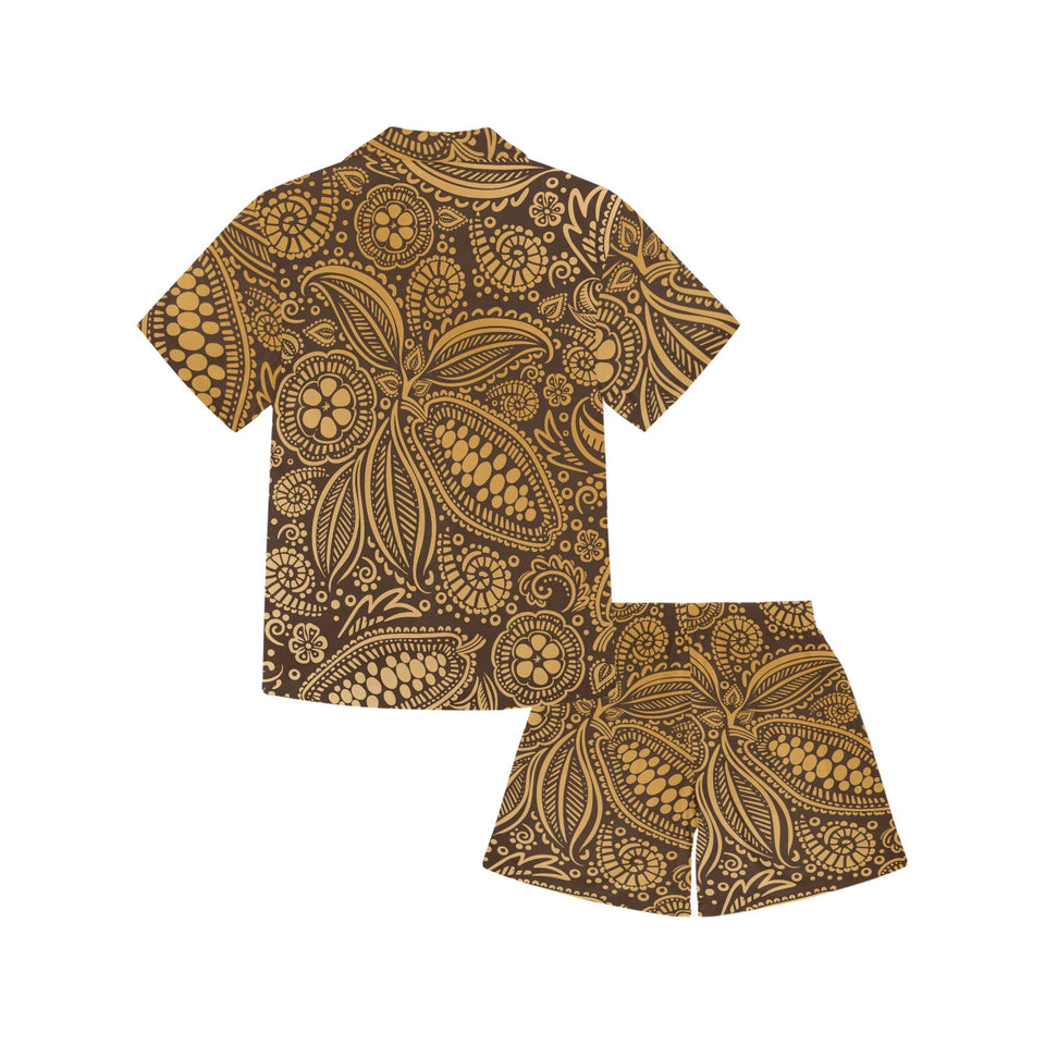 cacao beans tribal polynesian pattern background Kids' Boys' Girls' V-Neck Short Pajama Set